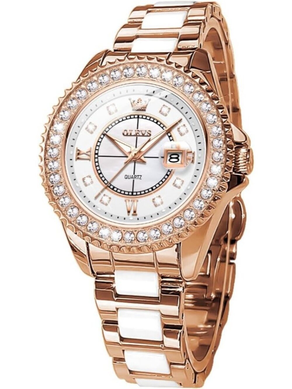 Olevs Women's White Rose Gold Skeleton Diamond Automatic Elegant Luxury Watch